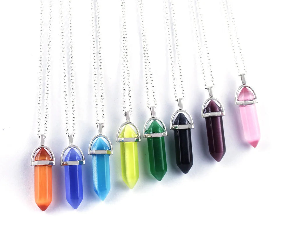 Hot Selling Whosale Natural Stone Jewelry Multicolor Hexagonal Pillar Healing Crystal Pendant Necklace