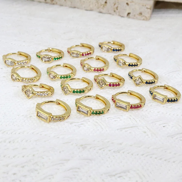 EC1894  Chic Dainty Tiny Small 18k Gold Plated Oval Teardrop Rhombus Oblong Cubic Zirconia CZ Pave Huggie Hoops Earrings