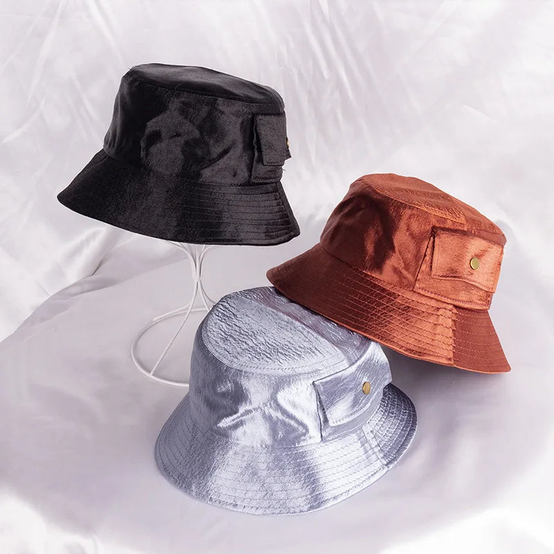 Shiny Silky Satin Lined Womens Designers Luxury Fisherman Bucket Sun Hat With Pocket
