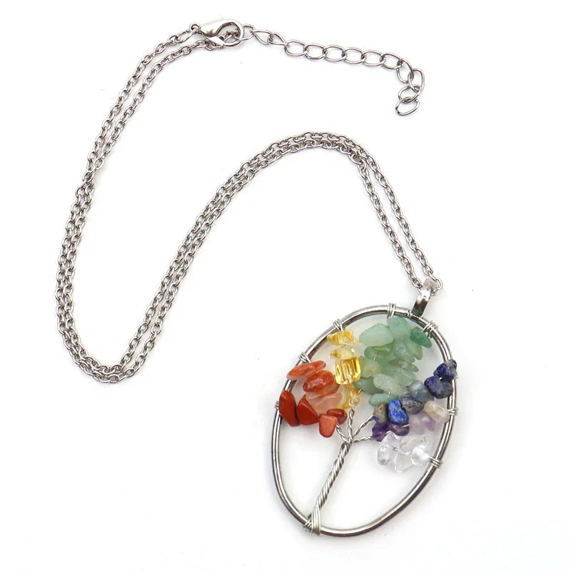 Hot Selling Fashion Gemstone PendantsLife Tree Oval Drop Dangle Pendant NecklaceHandmade Wire Wrapped Chip Beads Jewelry