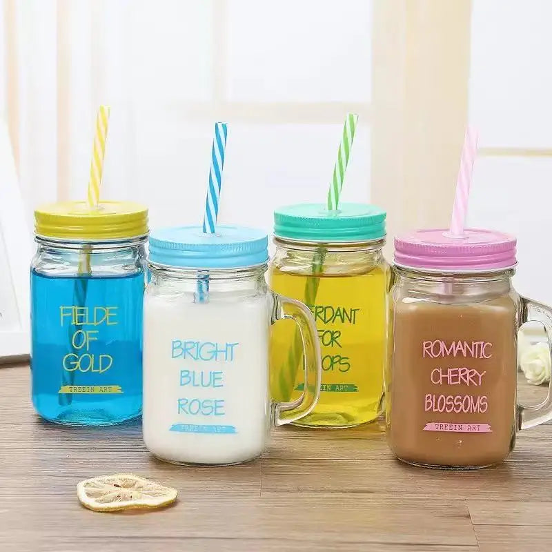 MU Household Water Cup 500ML 16OZ Mason Water Cup Straw Lid Large-capacity Transparent Glass Bottle Cup