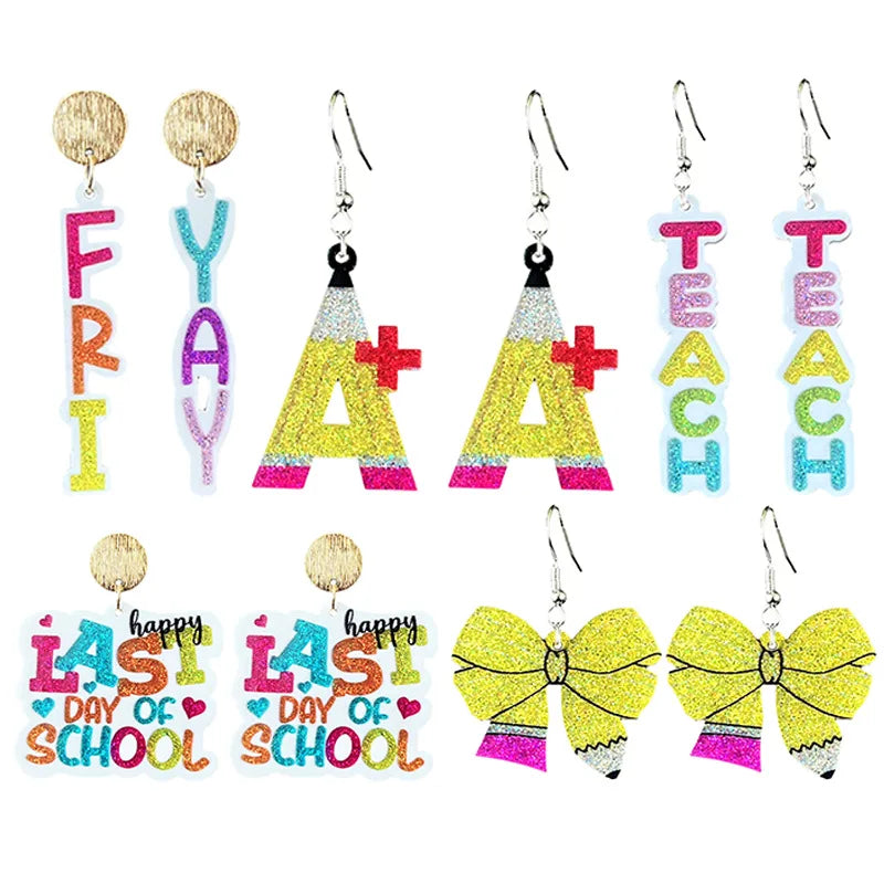 Teacher Earrings Letter Pencil Bow Acrylic Drop Dangle Earrings for Women