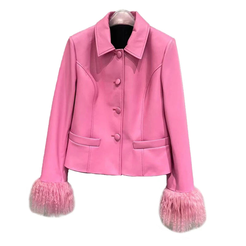 New Coming Mongolian Fur Cuff Women Genuine Leather Jacket Winter Leather Jacket