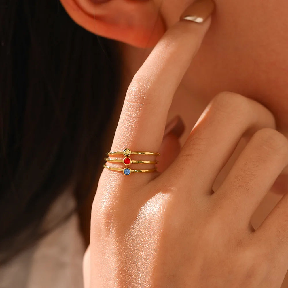 New Arrival Jewelry 18K Gold Plated Birth Stone Ring Women Chic Colorful Cubic Birthstone Ring