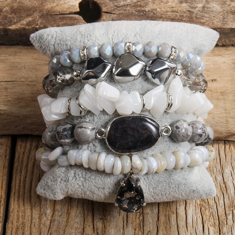 Bohemian Women Jewelry Natural Stone Glass Acrylic Elastic Bracelet Glass Dropl Pendant 5pcs Stack Bracelet Set