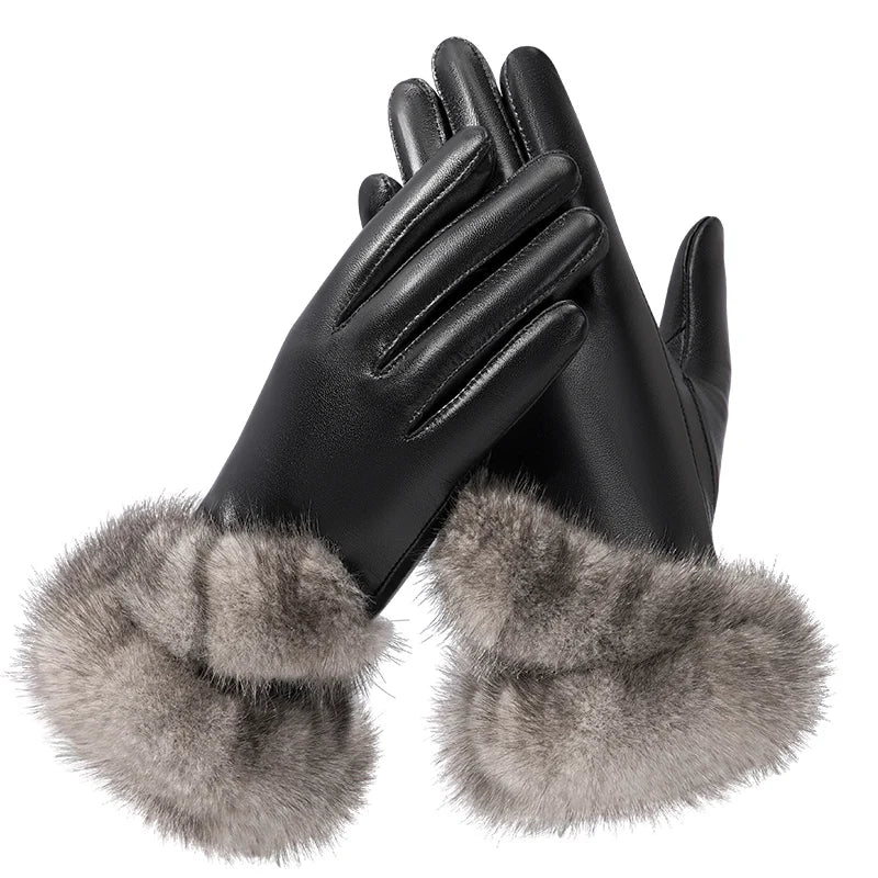 Luxury Ladies Genuine Leather Motorbike Gloves Winter Warm Mink Fur Gloves