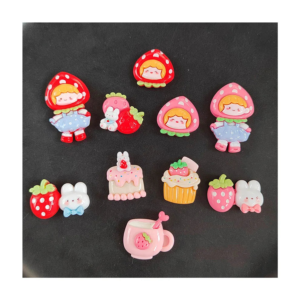 100Pcs Strawberry Theme Resin Flatback Cabochons Lovely Girls Cupcake Birthday Cake Rabbit Slime Beads for Hair Bow Center Decor