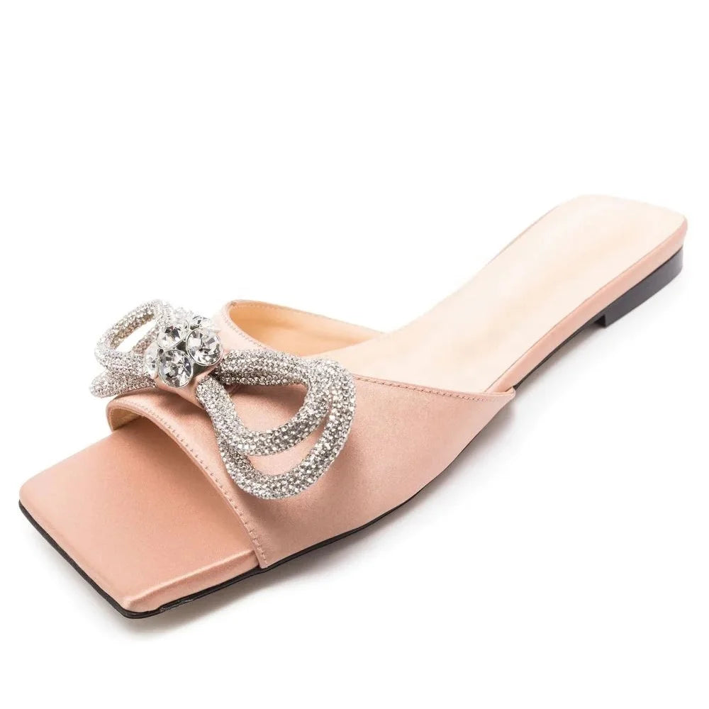 Plus Size Trending Bow Tie Flats Satin Summer Slippers Square Toe Flat Sandals for Women and Ladies