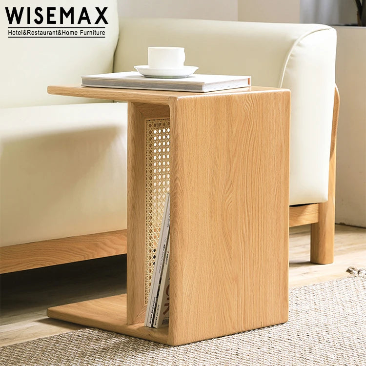 WISEMAX FURNITURE Nordic Rattan Coffee Table Small Size Living Room Solid Wood c Shaped Coffee Table Corner Tea Table for Home