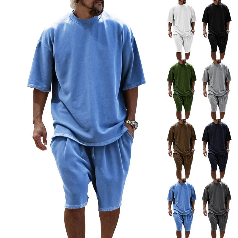 T2282 Factory Wholesale Summer Men's Training Suit Terry Xl T Shirt Shorts Two Pieces Shorts Set Men's Summer Training Wear Logo