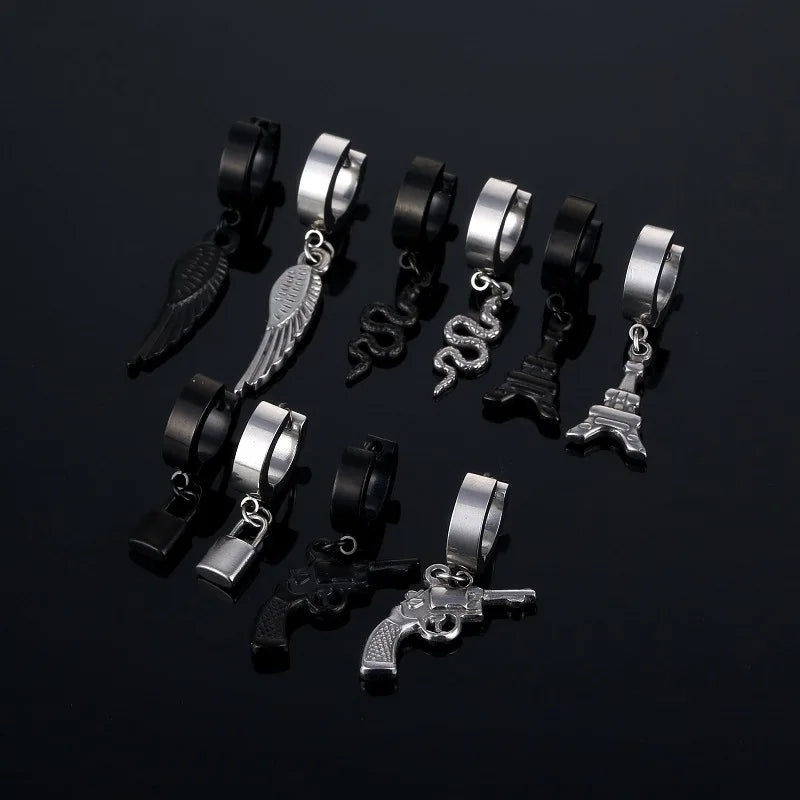 DAIHE 2023 New Hip Hop Punk Rap Titanium Steel Men's Earrings Snake Feather Lock Stainless Steel Cool Stud Ear Rings