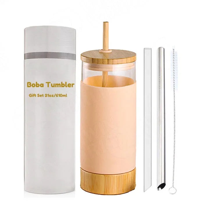 Glass Tumbler Water Bottle With Straw and Lid Wide Mouth Smoothie Cups Iced Coffee Cup Tea Silicone Protective Sleeve