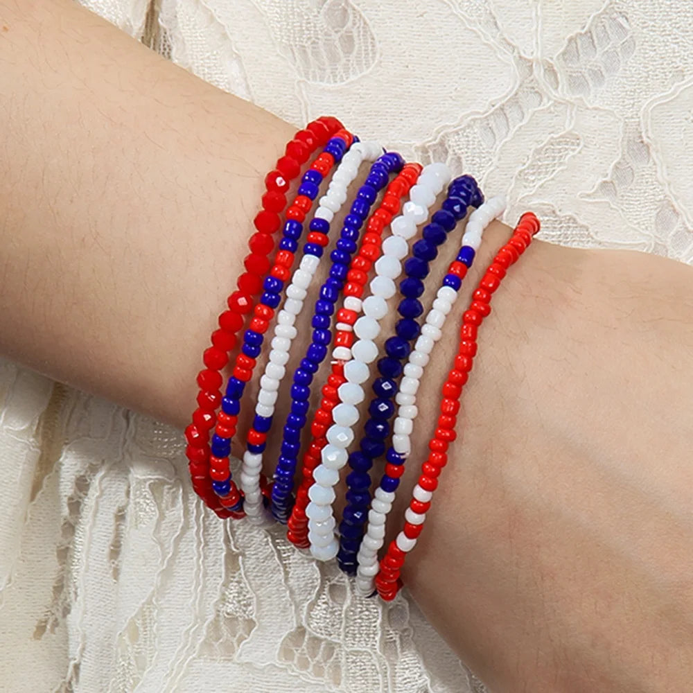 Bohemian Minimalist Seed Bead Glass 9pcs 4mm6mm Elastic Christmas Holiday Red White Blue USA Flag Elastic Stack Bracelet Set