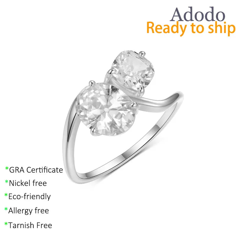 Fine 925 Silver 18K Gold Plated Double Stone Engagement Jewelry Cushion Cut 1CT Oval Cut 2 CT VVS1 Moissanite Rings for Women