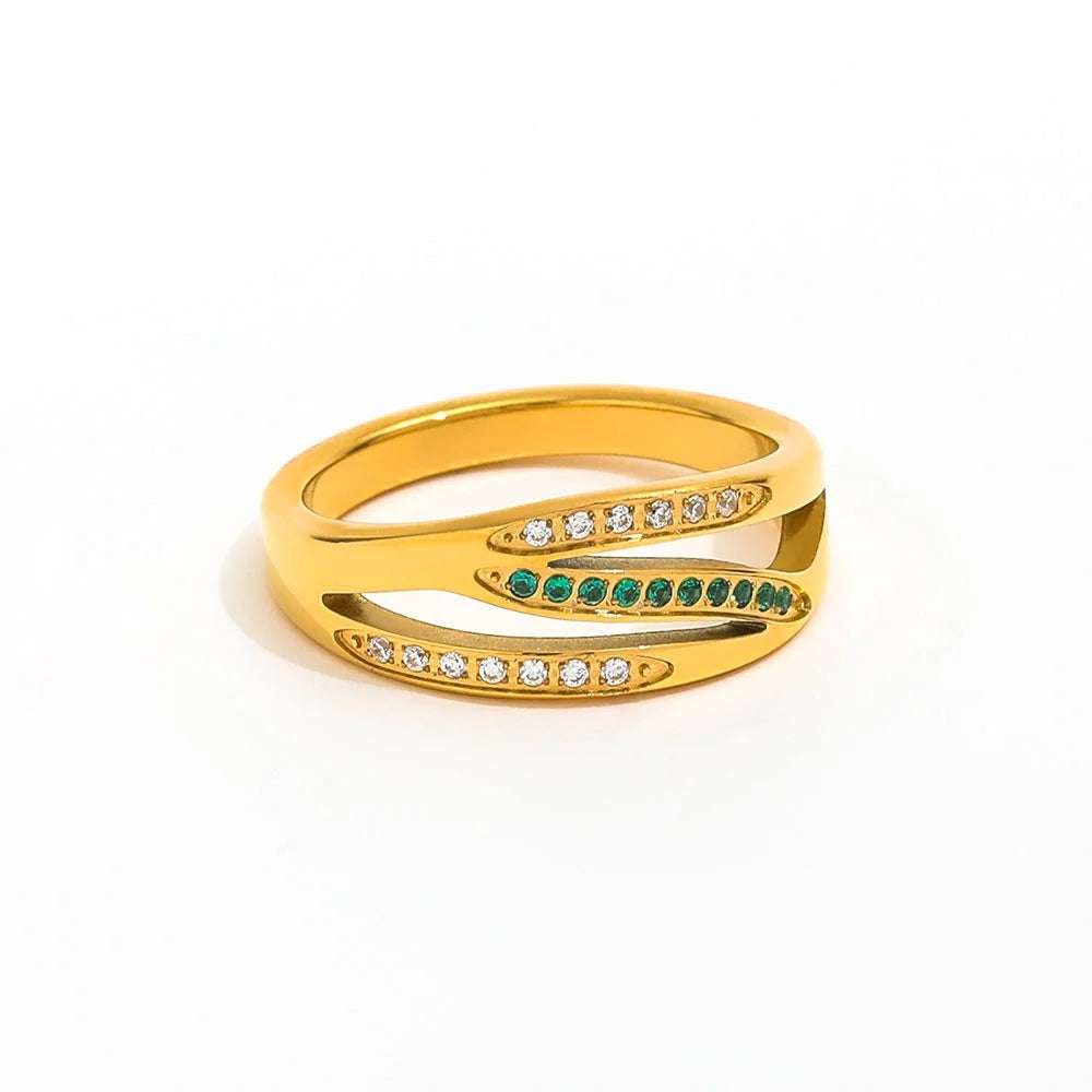 Joolim High End 18K Gold Plated CNC Inlay Multi-layer Green Zirconia Pave Hollow Ring for Women Finger Ring Wholesale