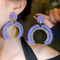 Luxury Big Purple Crystal Leaves Hoop Earrings Rhinestone Geometric Drop Earrings for Women Party Weddings Jewelry