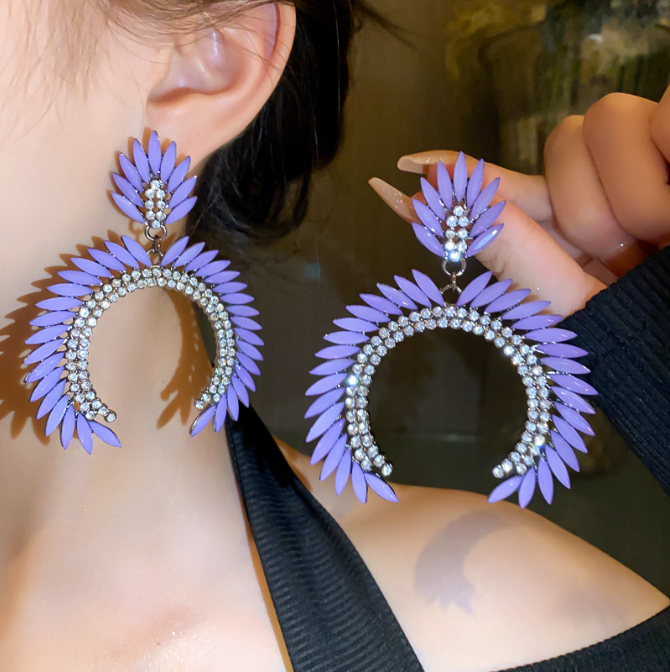 Luxury Big Purple Crystal Leaves Hoop Earrings Rhinestone Geometric Drop Earrings for Women Party Weddings Jewelry