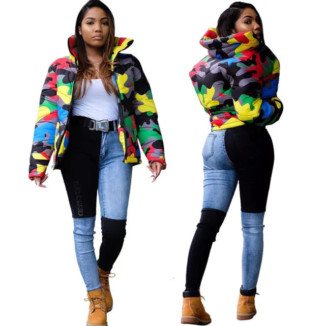 _ Camo Print Winter Jacket Women Festival Warm Parka Down Bubble Coat Top Warm Thick Parka Couple Wear Crop Puffer Jacket 4XL