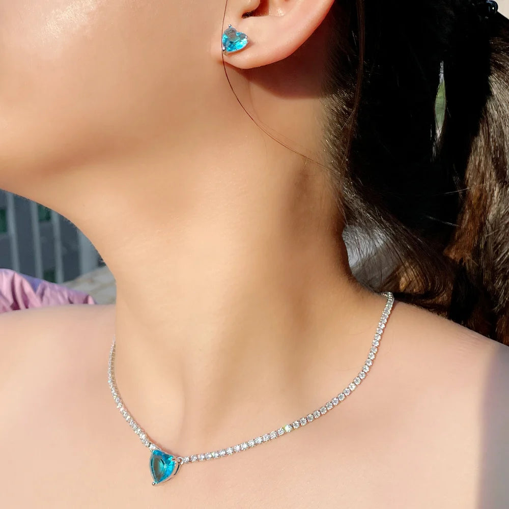 Cute Romantic Light Blue Cubic Zirconia Heart Shape Tennis Chain Choker Necklace Earrings Trendy Party Jewelry Sets for Women