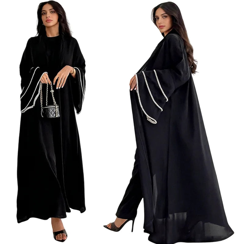 MQ120 Arab Dubai Abaya Women Muslim Dress Black Robe Beaded Cuff Splicing Abaya Long Coat Cardigan Women Kaftan Modest Dresses