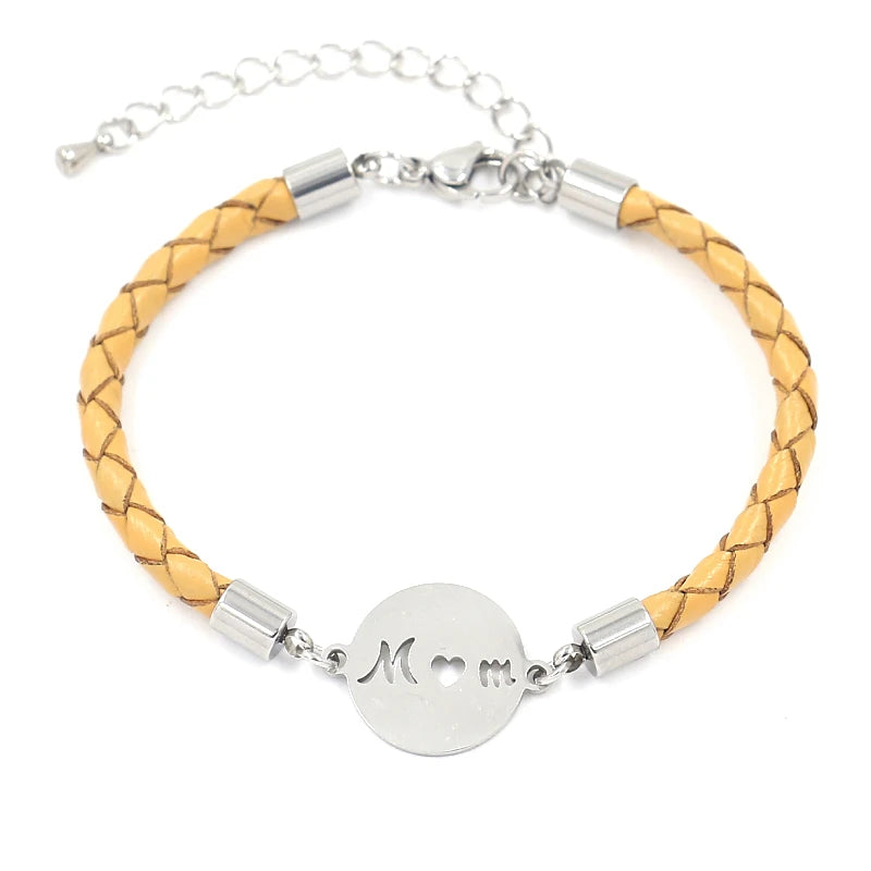 Stainless Steel Hollow-out Text MOM Genuine Leather Braided Bracelet Mother's Day Gift