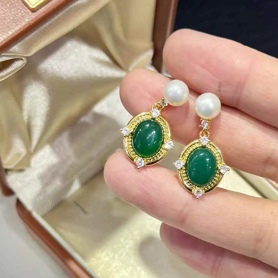 Discounted 6-7mm Natural Freshwater White Bread Pearl Earrings Trendy Jade Agate with Gold Plating for Gift Cheap Pearl Jewelry
