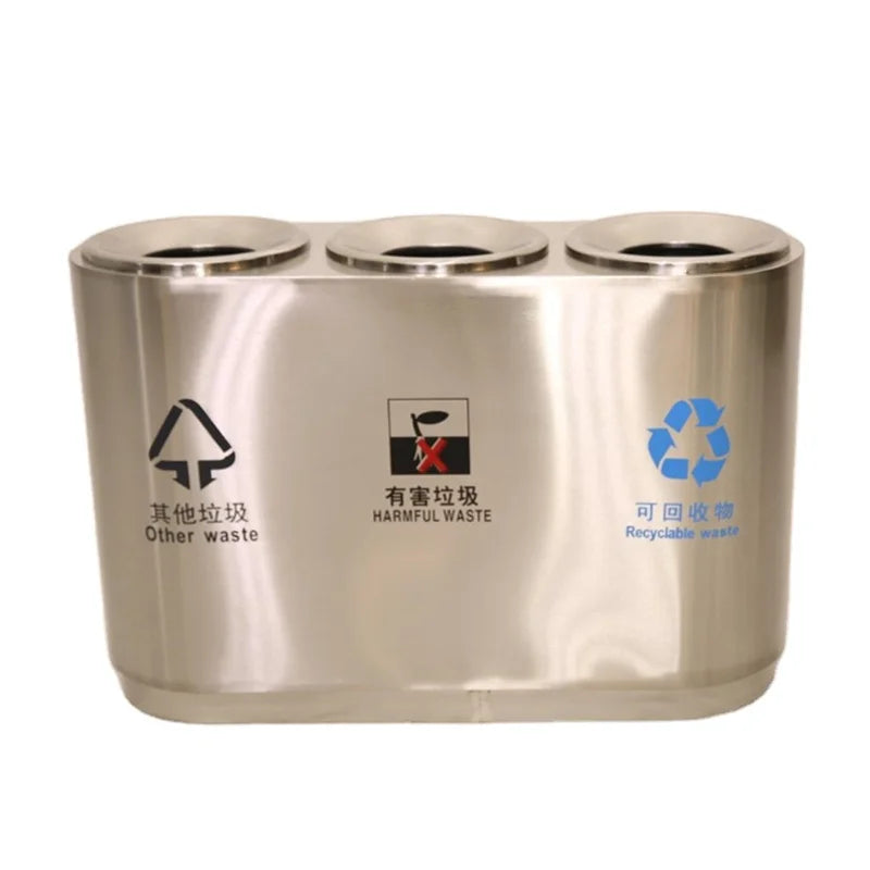 Outdoor 3 Compartment Steel Garbage Container Trash Can Triple Metal Rubbish Waste Bin Public Commercial Recycling Litter Bin