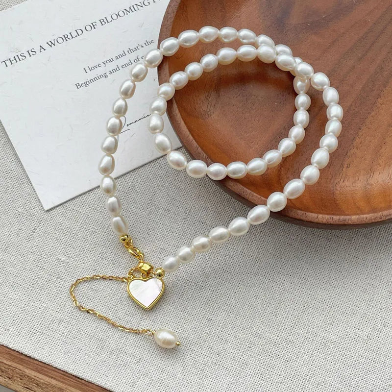 Luxury Handmade Freshwater Pearl Beaded Necklaces18K Gold Plated 925 Sterling Silver Shell Heart Shape Pendant Necklace