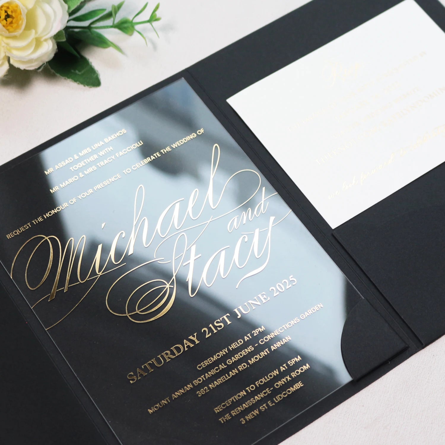 Black and Gold Thickness 1mm Clear Acrylic Invite Pocket Fold Invitation Card Envelope With RSVP Card