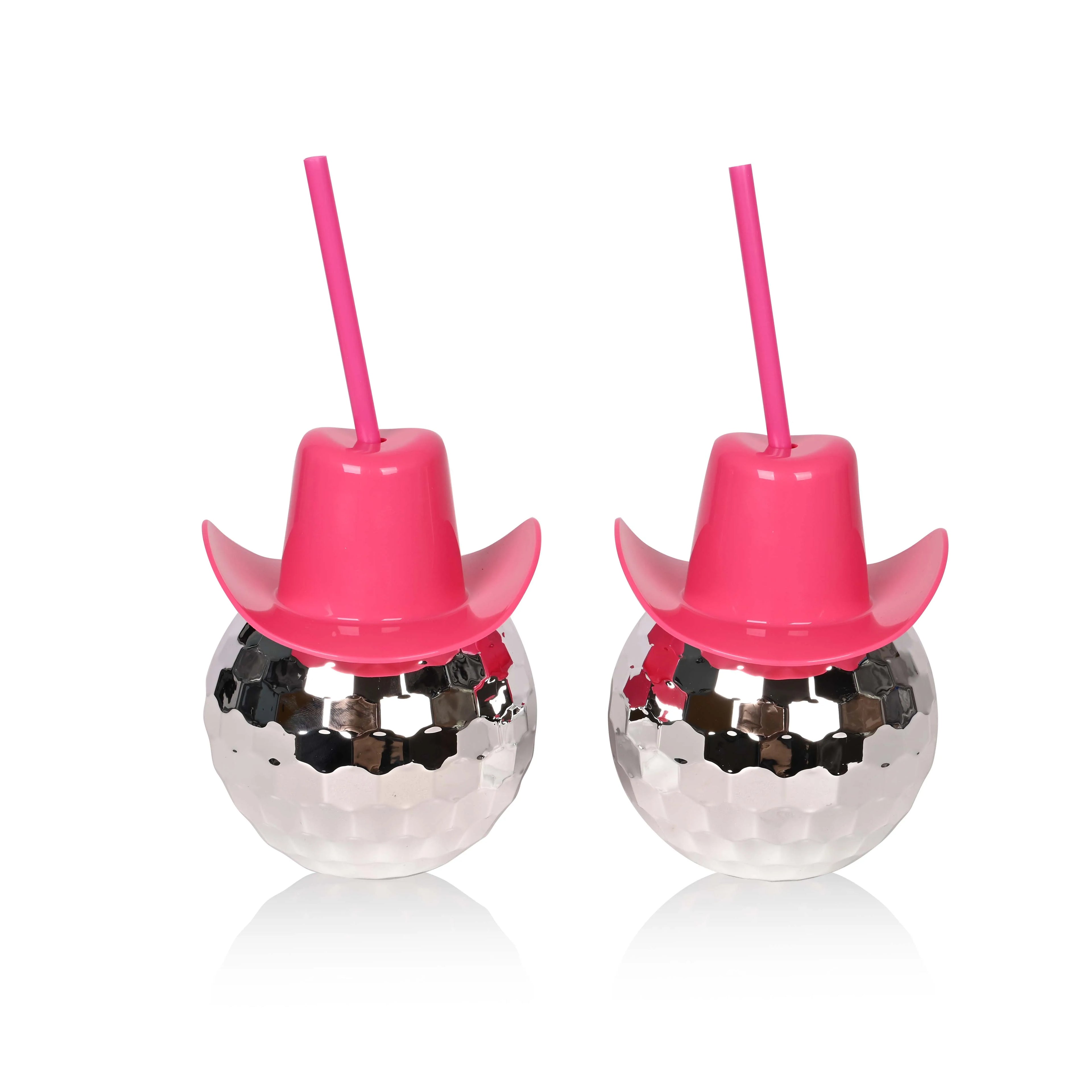 Pink Cowboy Hat Silver Disco Ball Cup Novelty 20oz Drinking Ball Tumbler With Straw for Parties and Weddings
