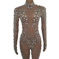 Sparkly Long Sleeve Rhinestone Pearls Sequins Nude Dance Leotard Ladies Bodycon Mesh Bodysuit Women Prom Club One Piece Jumpsuit