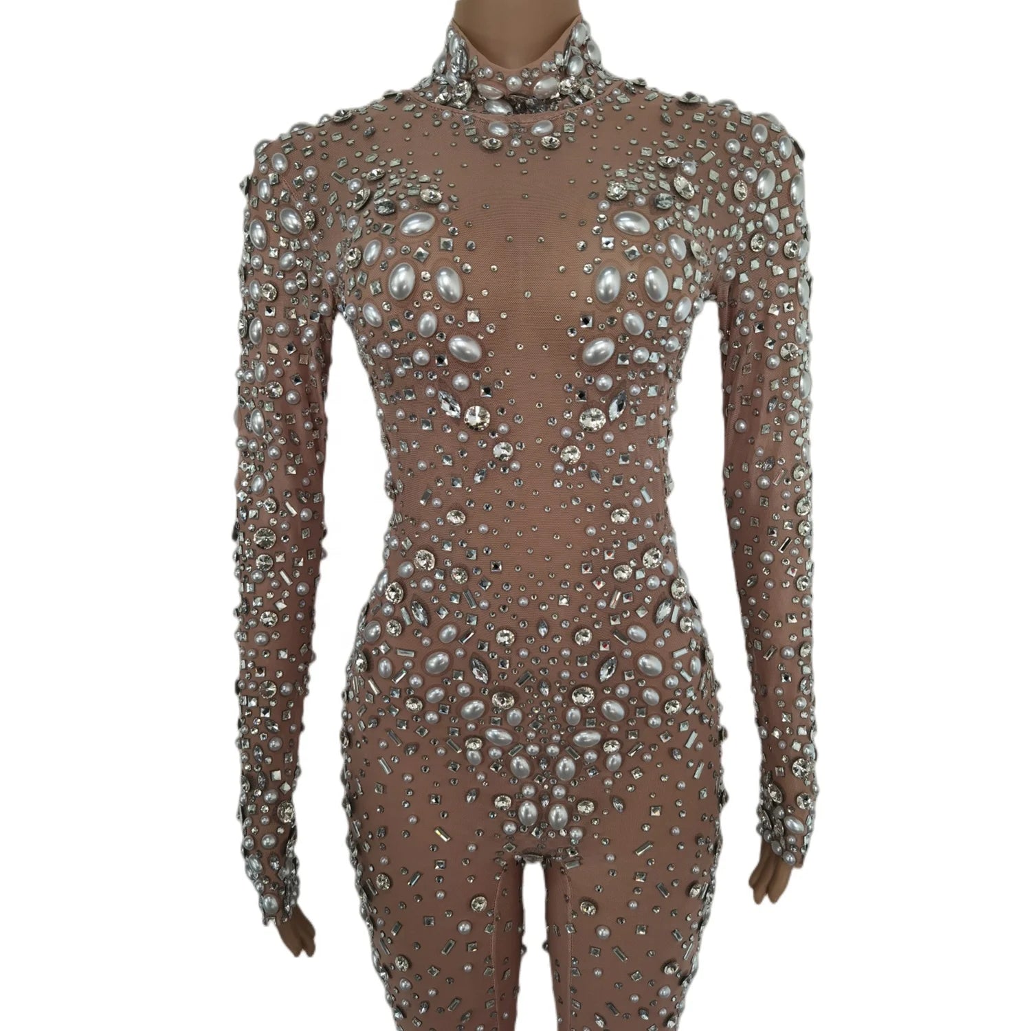 Sparkly Long Sleeve Rhinestone Pearls Sequins Nude Dance Leotard Ladies Bodycon Mesh Bodysuit Women Prom Club One Piece Jumpsuit