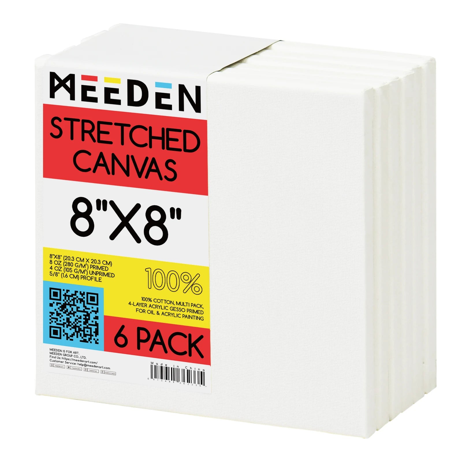MEEDEN 6-Pack 8x8 Inch 8oz Gesso-Primed 100% Cotton Artist Painting Stretched Canvas Blank White Canvases