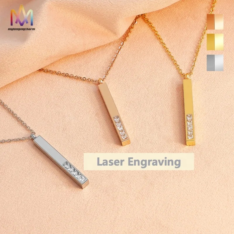 Customized Economical Stainless Steel Necklace Pendant with Link Chain Trendy Geometric Design and Diamonds