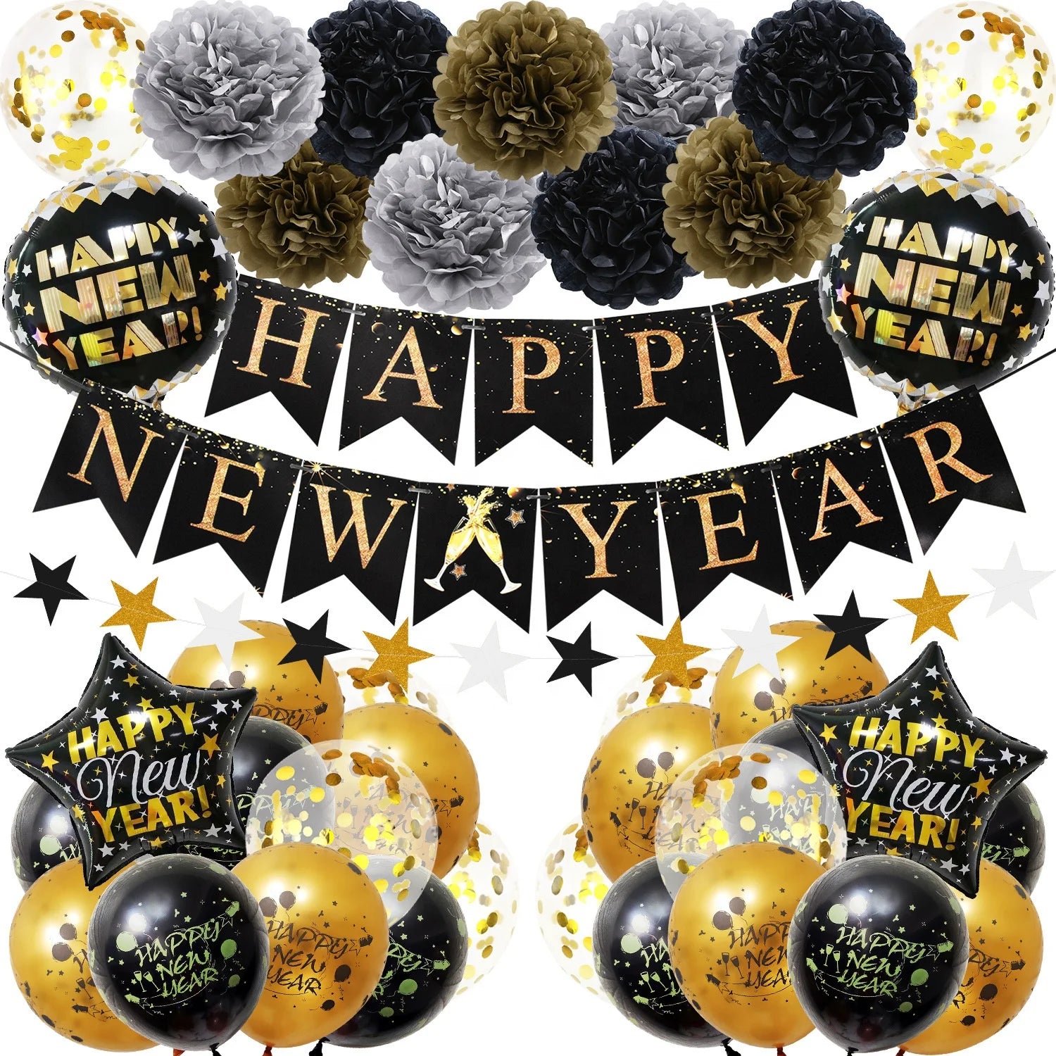 2025 New Year Party Supplies Black Gold Theme Happy New Year Banner Flag Paper Pom Poms Balloon Set for Celebration Decorations