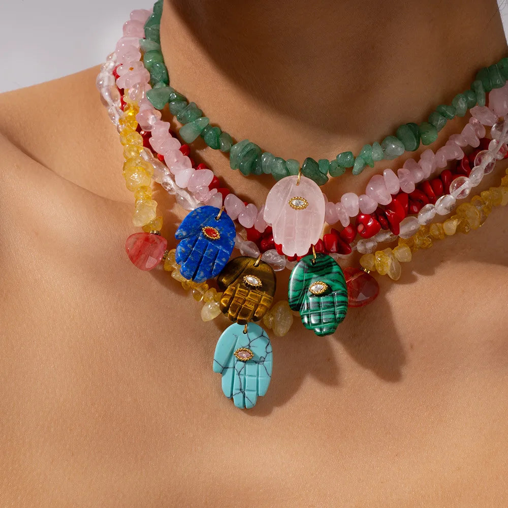 Colorful Natural Stone Lapis Lazuli Tiger Eye Rose Quartz Beaded Necklace Hamsa Hand Pendant Necklace for Women