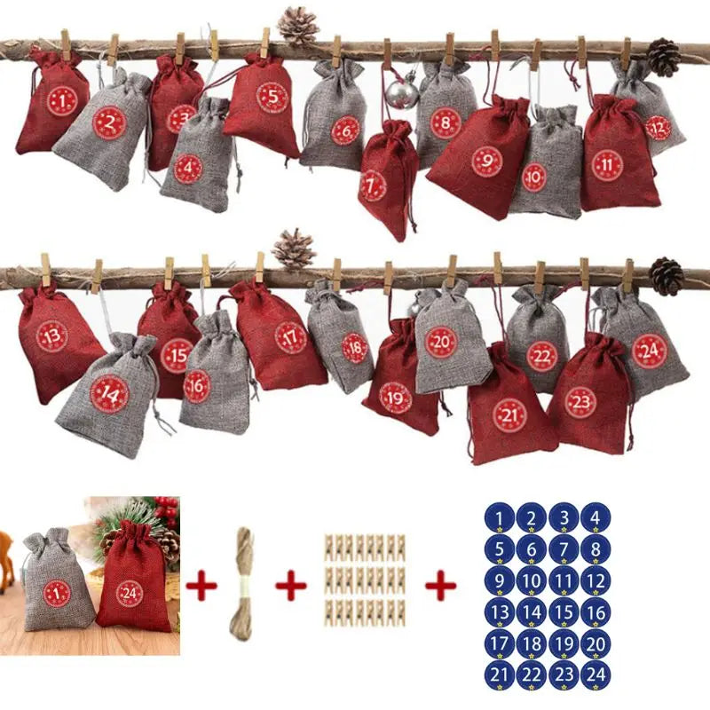 24Pcs Advent Calendar Drawstring Bag 1-24 Numbered Xmas Holiday Countdown Treat Bag