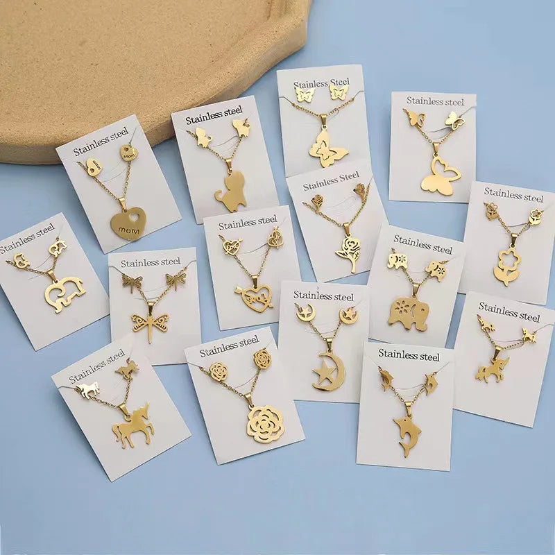 3pcs Trendy Wholesale Gold Plated Stainless Steel Butterfly Flower Necklace Earrings Jewelry Set for Women Gift
