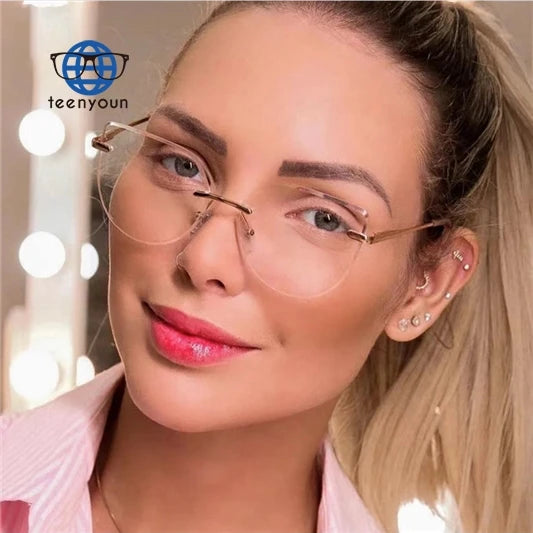 Teenyoun Eyewear Custom Frameless Cat Eye Myopia Optical Lens Spectacles Rimless Anti Blue Light Eyeglasses for Women Student