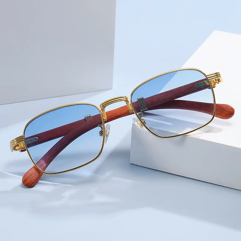 2023 New Fashion Wholesale Luxury Brand Wood Grain Frame Small Rimless Rectangle Women Sunglasses UV400 Protection Custom Logo