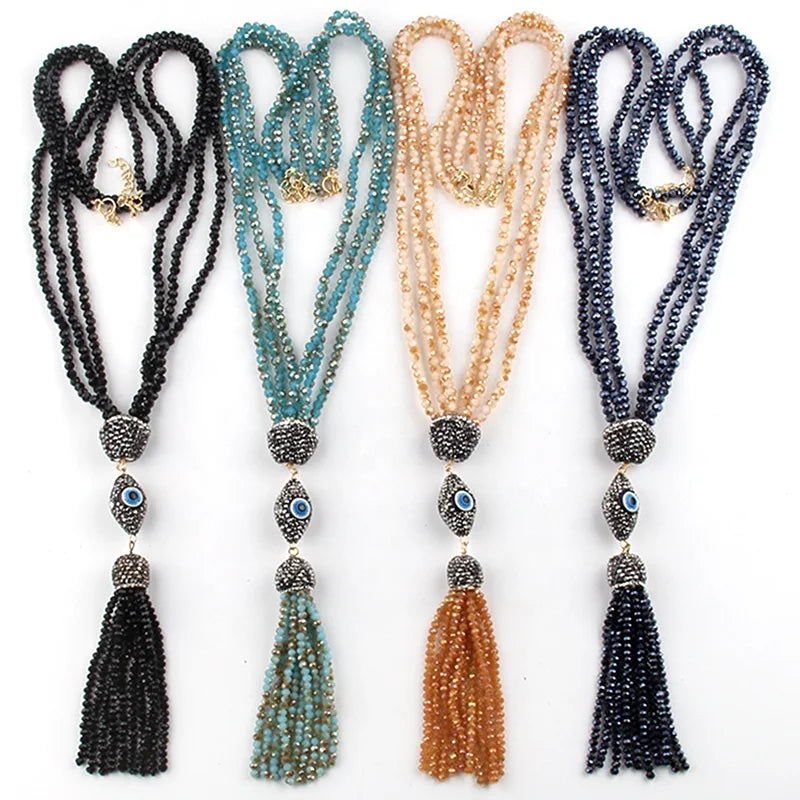 Fashion Women Bohemian Tribal Jewelry 4mm Crystal Glass Necklace Rhinestone Eye Connect Crystal Glass Tassel Necklace