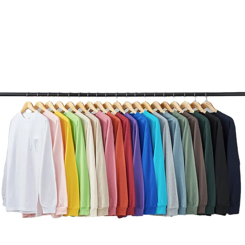Best Seller Spring Autumn Pocket 260g Thick Cotton Long Sleeve T-Shirt Unisex Custom Logo Solid Color Men's T-shirt