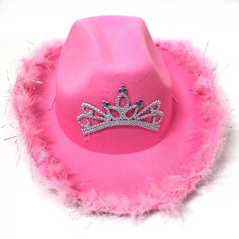 Wholesale Feathered Letter Sequined pink Western Cowgirl Hat Crown Fuzzy Cowboy Hat
