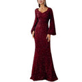 2025 Women's New Fashion V-neck Bag Hip Skirt Sparkling Mid Waist Horn Sleeve Long Evening Dress with Solid Color A-line Skirt