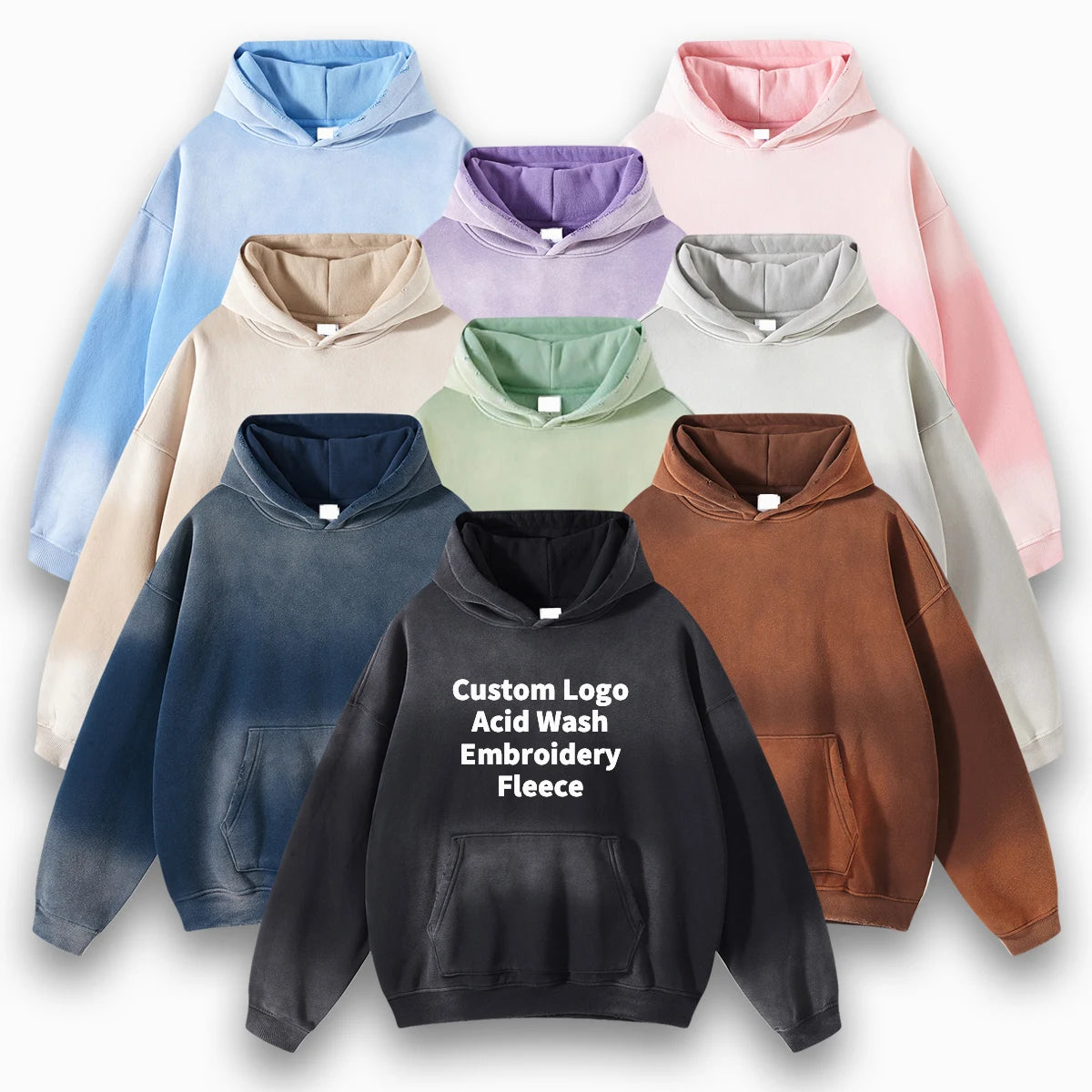 Oem Custom Loge 360gsm Fleece Spray Dye Blank Heavyweight Pullover Streetwear Oversized Acid Washed Distressed Men's Hoodies