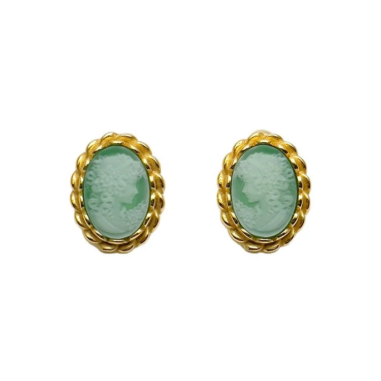 French Vintage Elegant High Sense Court Earrings Carved Cameo Head on Sterling Silver Trendy Style Party Gift for Ladies