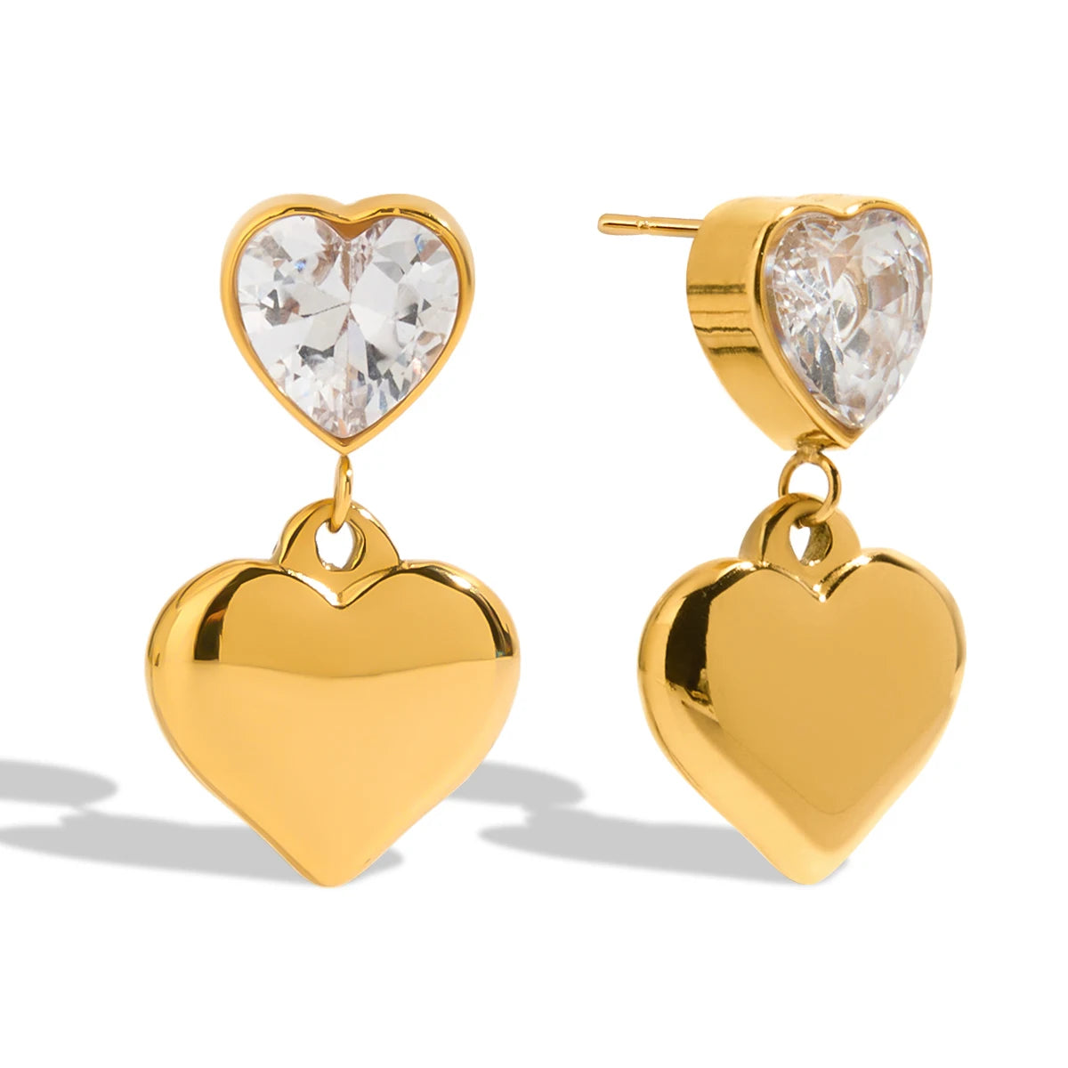 J&D Sweet and Cool Style 18K Gold Plated Stainless Steel Tarnish Free Zircon Heart Dangle Earrings