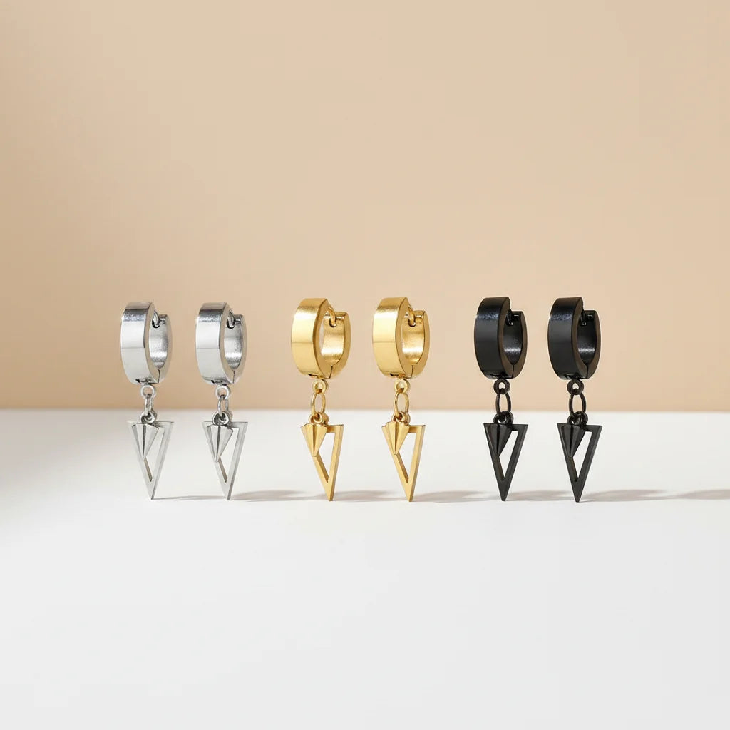 Hiphop Punk New Stainless Steel Korean Men Women Triangle Dangle Clip-On Ear Piercing Hoop Drop Earrings for Gift
