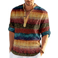 2026 New Premium Men's Gradient Striped Henley Shirt - Long Sleeve Roll-Up Casual Linen Blend Top for Beach & Daily Wear