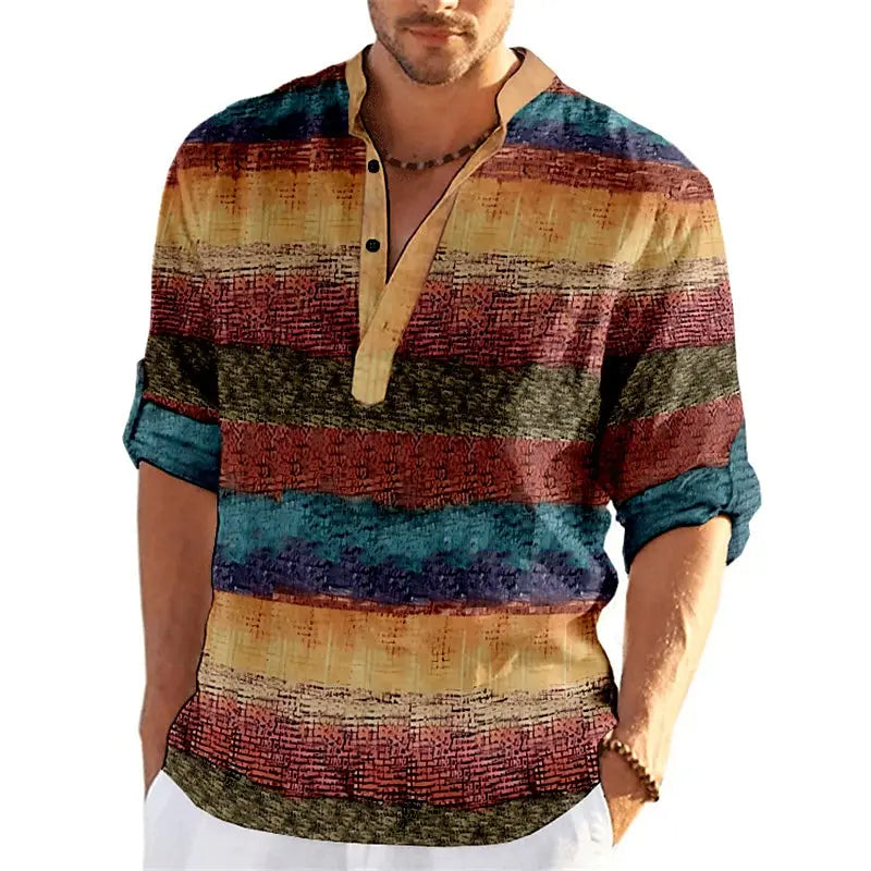 2026 New Premium Men's Gradient Striped Henley Shirt - Long Sleeve Roll-Up Casual Linen Blend Top for Beach & Daily Wear